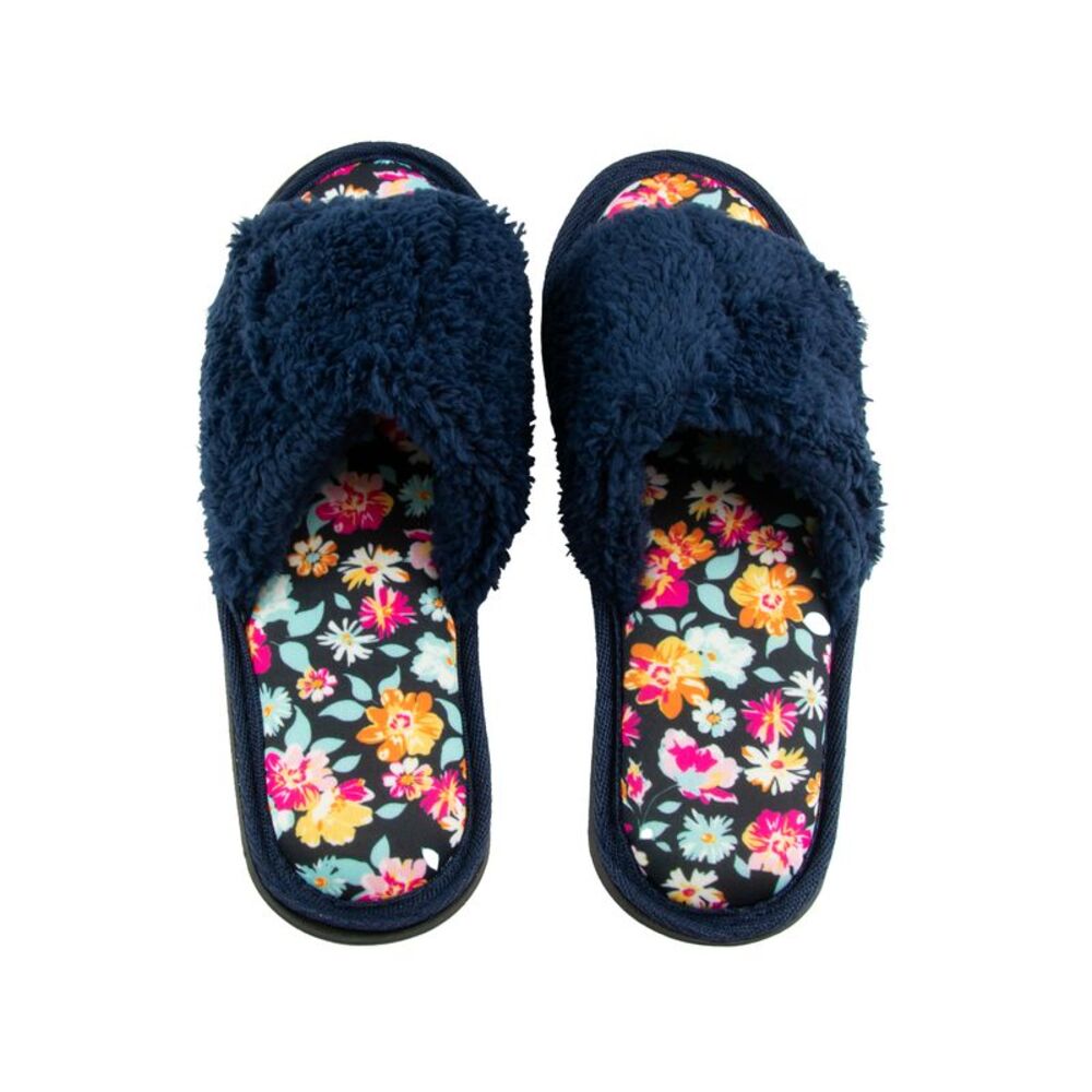 Gold Coast Women's Adjustable Open Toe Memory Foam Slippers in Navy/Floral - S